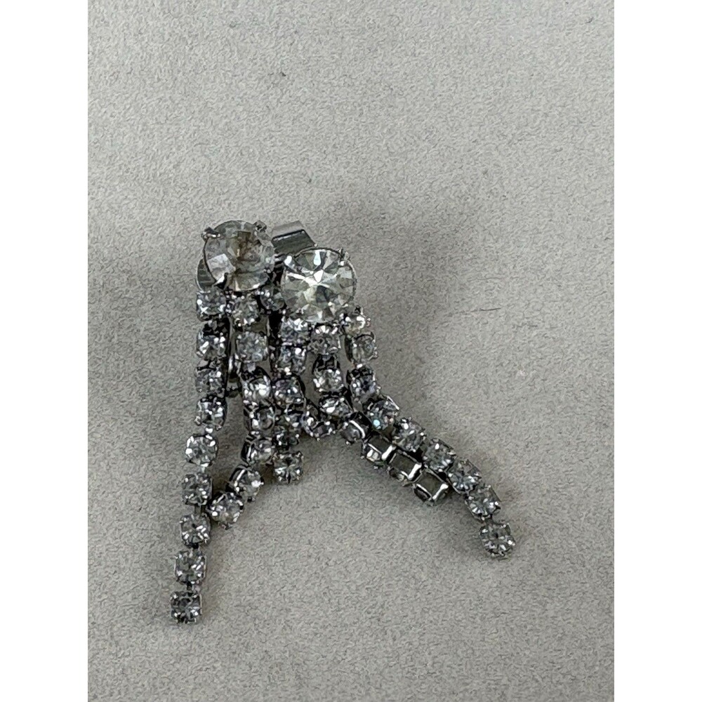 Vintage Clear Rhinestone Cascading Dangle Silver Tone Earrings Clip On Wedding